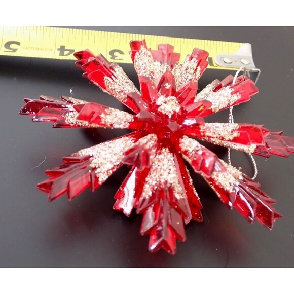 Vintage Ruby Red Gold Glitter Holiday Red 3D Snowflake Christmas Ornament 4.5" - Picture 9 of 9
